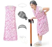 Ulikey Disfraz Abuela, 6 Pieza Conjunto de Disfraz de Anciana Peluca Abuela Kit con Gafas, Collar de Perlas Disfraz de Abuela Vieja para El Carnaval, Fiesta, Cosplay (Rosa, XL)