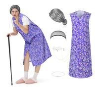 Ulikey Disfraz Abuela, 6 Pieza Conjunto de Disfraz de Anciana Peluca Abuela Kit con Gafas, Collar de Perlas Disfraz de Abuela Vieja para El Carnaval, Fiesta, Cosplay (Morado, XL)