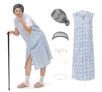 Ulikey Disfraz Abuela, 6 Pieza Conjunto de Disfraz de Anciana Peluca Abuela Kit con Gafas, Collar de Perlas Disfraz de Abuela Vieja para El Carnaval, Fiesta, Cosplay (Azul, 2XL)