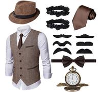 Ulikey Disfraz Años 20 Hombre, Conjunto de Accesorios para Disfraz de Hombre de Años 1920 con Chaleco, Pajarita, Corbata, Bombín, Reloj de Bolsillo, Puro, Brazalete y Bigote (XL, Marrón)
