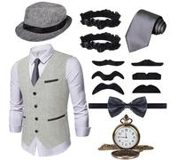 Ulikey Disfraz Años 20 Hombre, Conjunto de Accesorios para Disfraz de Hombre de Años 1920 con Chaleco, Pajarita, Corbata, Bombín, Reloj de Bolsillo, Puro, Brazalete y Bigote (L, Gris)