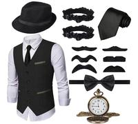 Ulikey Disfraz Años 20 Hombre, Conjunto de Accesorios para Disfraz de Hombre de Años 1920 con Chaleco, Pajarita, Corbata, Bombín, Reloj de Bolsillo, Brazalete y Bigote (XXXL, Negro)