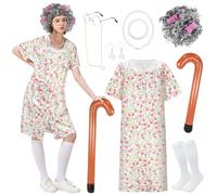 Ulikey Disfraz de Abuela Adulto, Disfraz de Anciana para Fiesta de Carnaval, con Pelucas, Collares, Pulseras, Gafas y Accesorios para Cosplay, Conjunto de Trajes de Abuela para Carnaval