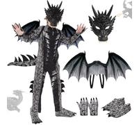 Ulikey Disfraz de Dragón Niño, Disfraz Carnaval Niño, Alas Dragón Disfraz y Máscaras, Azul Rojo Traje de Dragón, Mono, Traje de Carnaval Halloween Fiestas Cosplay para 5-12 Años Niños (Negro, L)