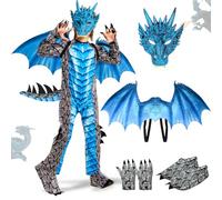 Ulikey Disfraz de Dragón Niño, Disfraz Carnaval Niño, Alas Dragón Disfraz y Máscaras, Azul Rojo Traje de Dragón, Mono, Traje de Carnaval Halloween Fiestas Cosplay para 5-12 Años Niños (Azul, S)