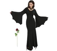 Ulikey Disfraz de Morticia Addams para Mujer, Vestido Gótico Vintage Negro, Bruja Sexy, Addams Family Wednesday, Vestido de Suelo para Halloween Cosplay Fiesta (M)