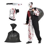 Ulikey Disfraz de Payaso Adulto Halloween, Disfraz de Payaso Asesino, Traje Payaso Blanco y Negro Mono, con Bolso Negro Grande y Capucha Puñal, Traje Payaso Cosplay para Halloween Carnaval (M)