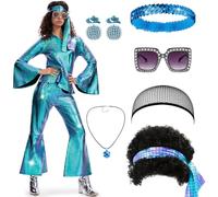 Ulikey Disfraz Disco Mujer, 9 Piezas Disfraces Disco Años 70 Brillante Disfraz Abba Mujer con Pendientes, Collares, Gafas de Sol, Pelucas para Carnaval, Reuniones Familiares (Blu, L)