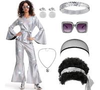 Ulikey Disfraz Disco Mujer, 9 Piezas Disfraces Disco Años 70 Brillante Disfraz Abba Mujer con Pendientes, Collares, Gafas de Sol, Pelucas para Carnaval, Reuniones Familiares (Argento, XL)