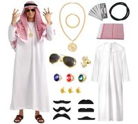 Ulikey Disfraz Jeque Arabe Hombre, Sheikh Traje Árabe, Arabian Costume Hombre, Conjunto de Disfraz jeque, Con Anillo de Dedo, Collar, Gafas de Sol, Adecuado para El Carnaval, Fiesta, Cosplay (3XL)