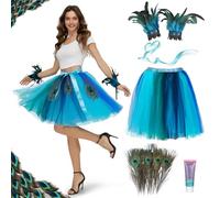 Ulikey Disfraz Pavo Real Mujer, Tutú Azul Muje, 10pcs Plumas Pavo Real 25cm, Muñequera de Plumas para Carnaval de Halloween Fiesta Temática Cosplay