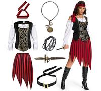 Ulikey Disfraz Pirata Mujer, Vestido Pirata Mujer, Conjunto de Disfraz de Pirata Adulto con Top Pirata, Falda, Diadema Pirata, Cinturón, Collar, Pulsera para Halloween y Carnaval (L)