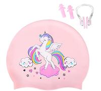 Ulikey Gorro Natación Silicona, Gorro de Baño Impermeable Antideslizante, Gorro para Piscina Niñas Niños, Gorros de Natación con Tapones de Oídos y Pinza Nasal para Cabello Largo y Corto (Unicornio)