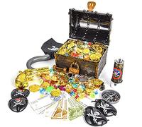 Ulikey Monedas de Oro Juguete Pirata Niños, Monedas Doradas de Plástico de Pirata, Pirata del Tesoro y Cofre del Tesoro para la Caza Juego Decoración Partido Regalo Cofre del Tesoro