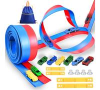 Ulikey Pista de Coches Flexible 4.6M, Accesorios para Pistas de Coche de Juguete con Rampa Doble, 6 Autos y Bolsa Almacenamiento, Circuito de Carreras de Goma Regalo para Niños, Rojo y Azul