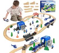 Ulikey Tren de Madera para Niños, 72 Piezas Juego de Tren de Madera con Tema de Policías y Ladrones, Kit de Ferrocarril de Juguete Regalo para Niños y Niñas