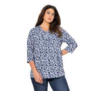 Ulla Popken Camiseta de Manga 3/4 para Mujer, Tallas Grandes, Talla Grande, línea A, Cuello en V, Pliegues Decorativos, Manga 3/4, Azul/Gris, 44-46