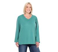 Ulla Popken Camiseta de Manga Larga para Mujer, Tallas Grandes, Cuello en V, Holgado, Talla Grande, Verde, 54-56
