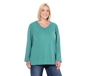 Ulla Popken Camiseta de Manga Larga para Mujer, Tallas Grandes, Cuello en V, Holgado, Talla Grande, Verde, 54-56