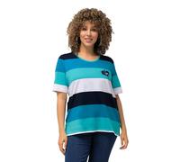 Ulla Popken Camiseta de Rayas para Mujer, diseño de corazón, Cuello Redondo, Media Manga, con Bordado, Aqua Profundo, 50-52