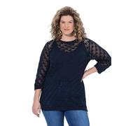 Ulla Popken Jersey, Punto de Encaje de Red de Pescador, Cuello Redondo, Mangas 3/4 Marina 50+ 847615130-50+