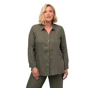 Ulla Popken Blusa, Lino, Cuello Abierto, Manga Larga Verde Loden 46+ 794882190-46+