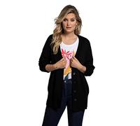 Ulla Popken Chaqueta, Cuello en V, Tira de Botones, Punto Fino Suéter, Negro, 56-58 Mujer