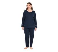 Ulla Popken Pijama para Mujer, vainica, Bordes ondulados, Cuello Redondo, Pijama de Manga Larga, Azul Oscuro, 48-50