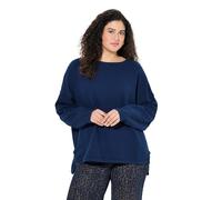 Ulla Popken Sudadera, Bordes Abiertos, Acanalado, Cuello Redondo, Manga Larga Azul Tinta 46+ 843023740-46+