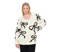 Ulla Popken Suéter, Lazo con Brillo, Cuello de Pico, Manga Larga Tiza 46+ 844920205-46+