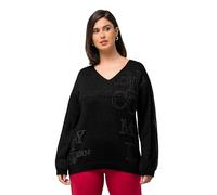 Ulla Popken Suéter, pedrería, Cuello en V, Manga Larga Negro 54+ 823721100-54+