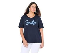 Ulla Popken T-Shirt mit Flauschigem Schriftzug, Classic Camiseta clásica con Texto Esponjoso, Marine, 50-52 Grande Mujeres