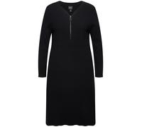 Ulla Popken Rippjersey-midikleid, Zipper, A-Linie, V-Ausschnitt, Langarm Vestido, Negro, 50-52 Mujeres