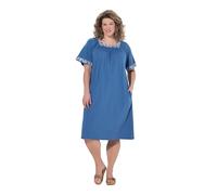 Ulla Popken Vestido Midi, Cenefa Bordada, Escote Cuadrado, Media Manga Casquillo Azul Vaquero 58+ 847688721-58+