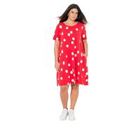 Ulla Popken Vestido Midi de Punto para Mujer con Estampado de Lunares y Cuello Redondo y Media Manga con Volantes pequeños en el Dobladillo, Rojo neón, 54-56