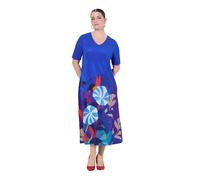 Ulla Popken Vestido Midi, Flores, Cuello en V, Media Manga, piqué Slinky Azul Cobalto 50+ 846066750-50+