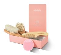 Ullabelle Juego de 4 cepillos y peine de madera para recién nacidos y niños pequeños en elegante caja de regalo, pelo de cabra natural ultrasuave y cepillo de madera para bebé, evita la tapa de la