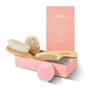 Ullabelle Juego de 4 cepillos y peine de madera para recién nacidos y niños pequeños en elegante caja de regalo, pelo de cabra natural ultrasuave y cepillo de madera para bebé, evita la tapa de la
