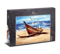 Ulmer Puzzleschmiede - Puzzle Driftwood: Puzzle de 1000 Piezas - Pintura de Paisaje en el mar: Un Viejo Barco y Aves Marinas en la Playa