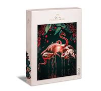 Ulmer Puzzleschmiede - Puzzle "The Flamingo Show" - Puzle de 1000 piezas de flamenco - Brillante flamencos rosa posicionan brillante sobre fondo negro - Pájaros delicados como puzle de noche