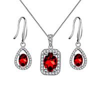 Uloveido 925 Plata esterlina Granate Collar de Piedra de Nacimiento Colgante y Pendientes de lágrima Boda Compromiso Aniversario cumpleaños Conjunto de Joyas para Mujeres Novias FT001