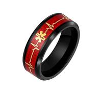 Uloveido Anillo de Alerta Médica de Emergencia para Hombres y Mujeres, Banda Negra de Acero Inoxidable de 8 mm con Resina Roja y Línea Dorada ECG, Anillo de Seguridad Médica Regalo Y5273