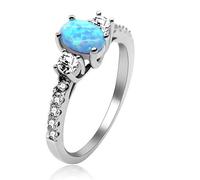 Uloveido Anillo de Plata de Ley 925 de 3 Mujeres, Anillo de Compromiso de Boda de ópalo de Fuego Azul Creado JZ104 (Talla 19)