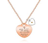 Uloveido Collar con colgante de cruz de acero inoxidable con forma de corazón con semillas de mostaza grabado con Dios Todas las cosas son posibles: Mateo 19:26, Metal, no conocido