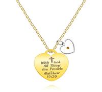 Uloveido Collar con colgante de cruz de acero inoxidable con forma de corazón con semillas de mostaza grabado con Dios Todas las cosas son posibles: Mateo 19:26, Metal, no conocido