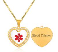 Uloveido Collar Médico con Colgante Corazón Chapado en Oro con Símbolo Rojo del Caduceo, Identificación Grabada para Diluyentes de Sangre YA5221