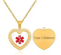 Uloveido Collar Médico Personalizable para Seguridad, Colgante Corazón Color Oro con Símbolo Rojo, Identificación de Emergencia para Diabetes Tipo 1 Grabada YA5221