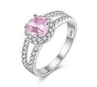 Uloveido Color Plata Corte Redondo Anillos de Aniversario de turmalina Rosa simulada Anillos divididos de vástago Rosa (Rosa, tamaño 11) J510