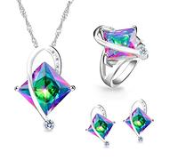 Uloveido Fashion White Gold Plated Large Square Rainbow Cubic Zirconia Collar Stud Pendientes Anillos de Dedo Conjunto de joyería Nupcial (Multi, Tamaño 22) T295
