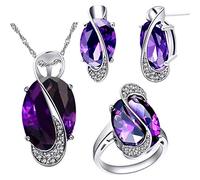 Uloveido Girls Oval Simulado Piedra Púrpura Plata Color Plata Cadena Collar Pendientes Espárragos Anillos Conjunto Bonita Joyería Nupcial Conjunto para MujeresT472